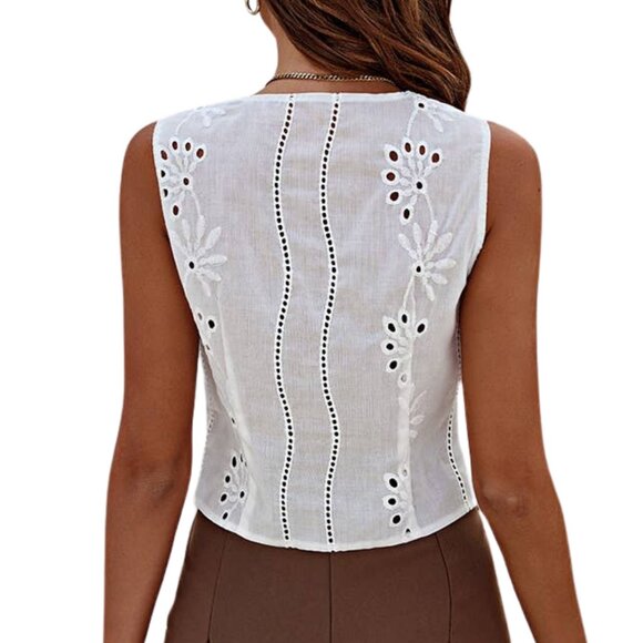 Sleeveless White Vest Buttons Lightweight Cutouts Eyelet Vest One Left In Large - Picture 3 of 4